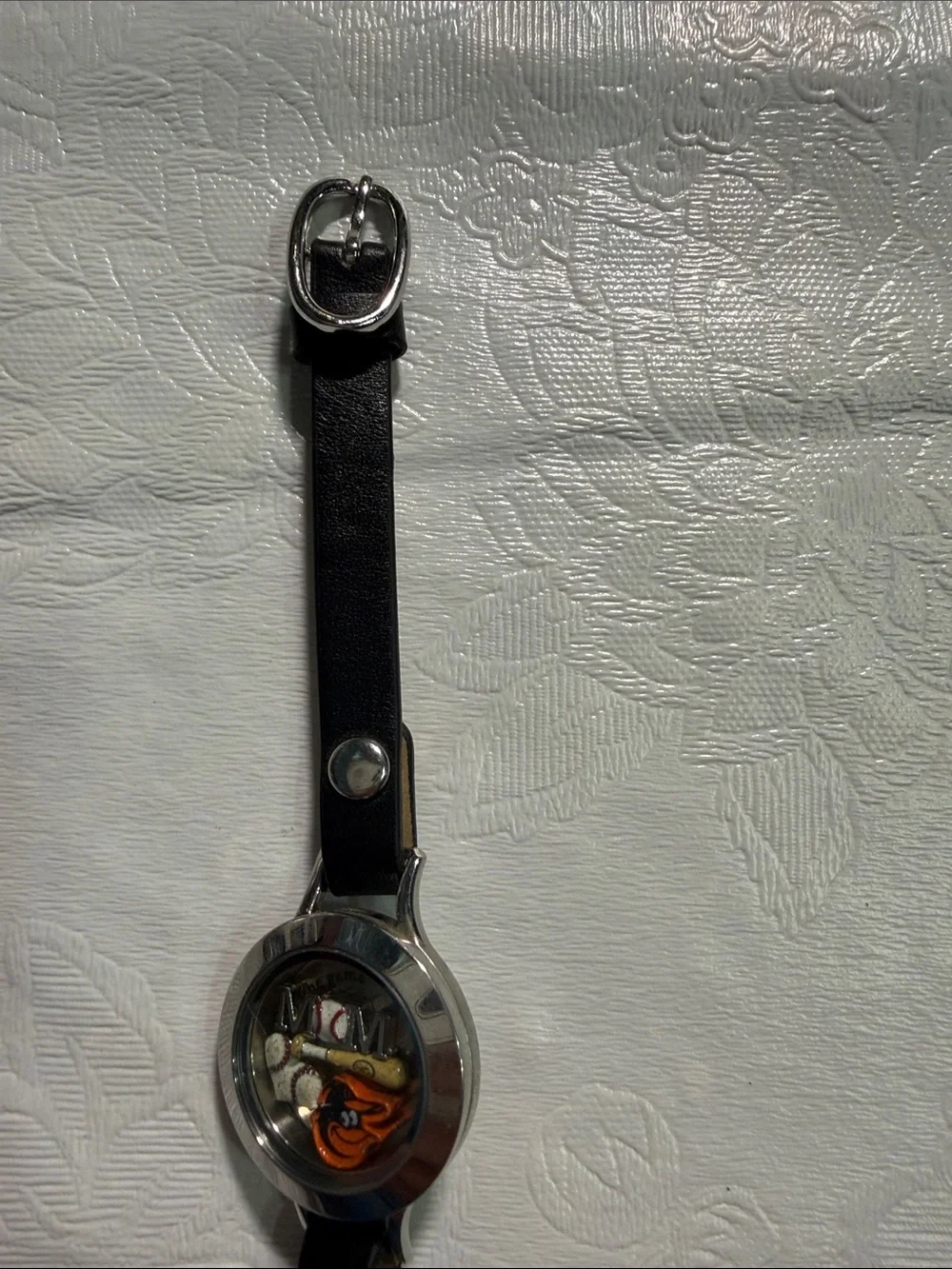 Origami Owl Black Leather Wrap Charm Watch with Baseball-Themed Locket